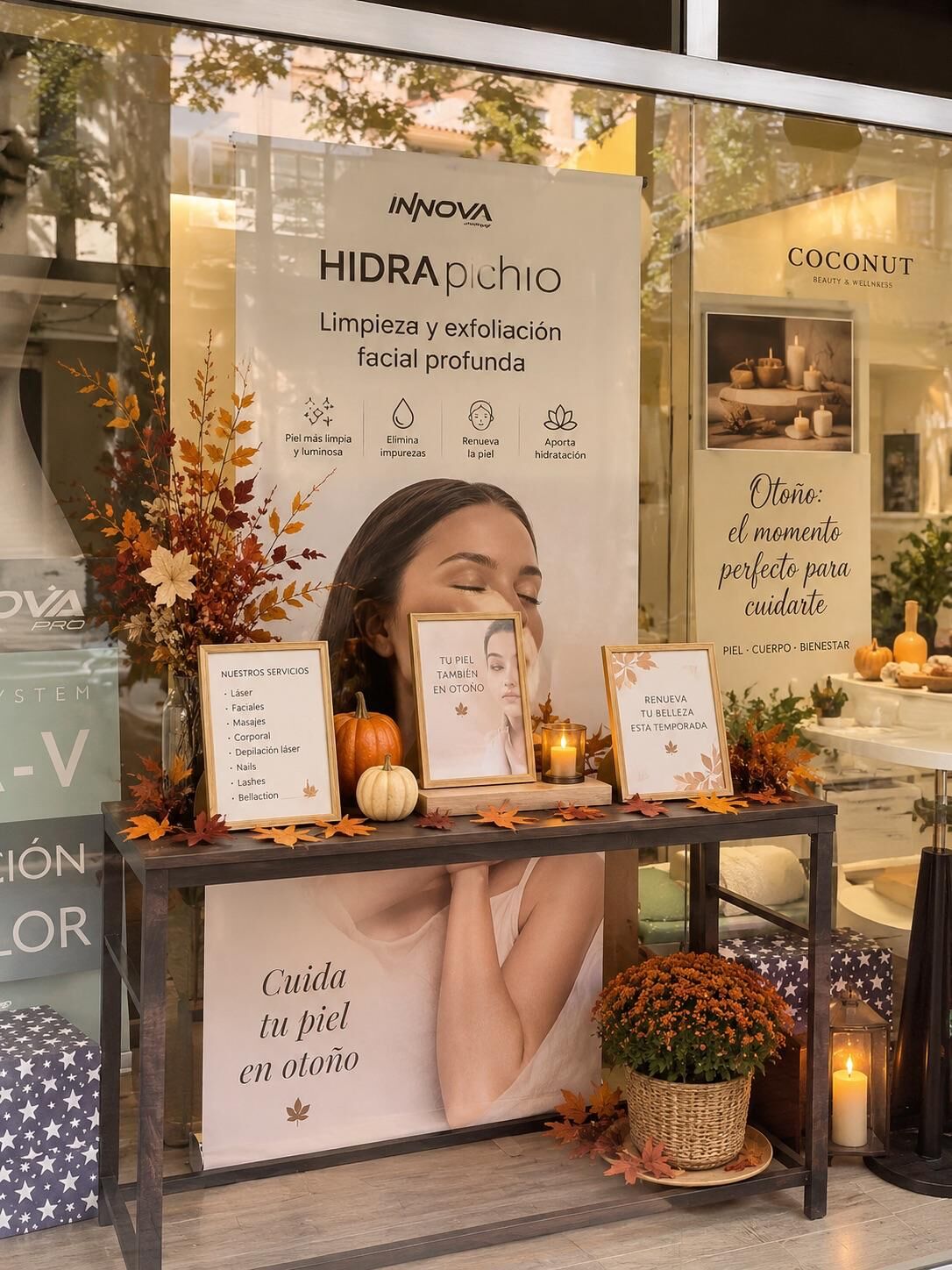 Escaparate de Beauty Avenue con tratamientos faciales, láser, nails y lashes en Palma